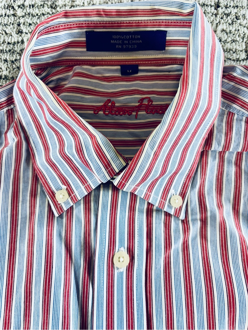 Alan Flusser Menβs Medium Red-White-Blue Striped 100% Cotton Button Down Shirt
